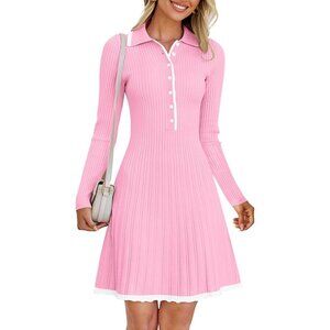 Merokeety Women's Pink Long Sleeve V Neck Button Knit Pleated Sweater Dress
